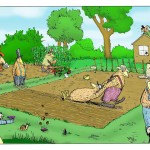 cartoon of birds digging gardens using feet as a rake