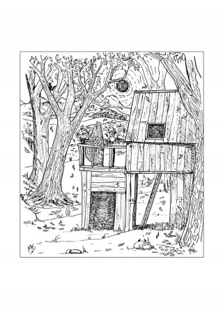 Winter was arriving for Higginz. His little wooden house in the woods is simple but very cozy. This drawing from his children's story book by Max Bullock.