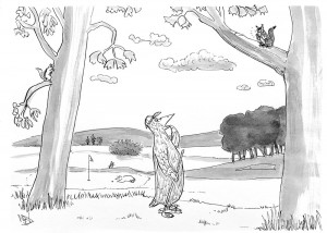 black and white cartoon of bird who has lost his golf ball to a squirrel
