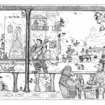 black and white cartoon of funny birds in a spanish setting