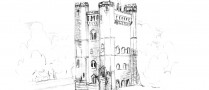 black and white sketch of a castle