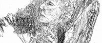 black and white sketch of lady in chair