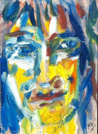 abstract painting of woman. large strokes of blue yellow and white