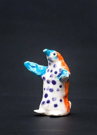 Lisa Pox is a glazed ceramic sculpture in very vivid and unusual colours. Very unusual creation by Max Bullock after his stroke.