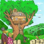 Cartoon of large house in a tree