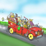 colour cartoon of the birds crowded into a large red car