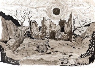 The Giant's Demise 2227 The Giant's Demise was just a dark drawing. Later to be digitally edited back to a line drawing and coloured by John barry for Max's Book, Burdz of Burdle.