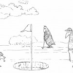 black and white cartoon of the birds playing golf into very large hole