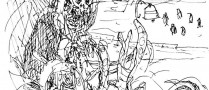 black and white sketch of skeleton eskimo