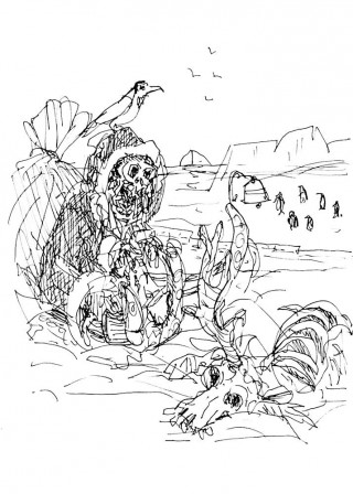 Santa's Bad Day - 3030 black and white sketch of skeleton eskimo