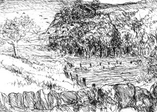 black and white sketch landscape of valley