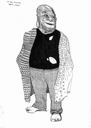 black and white sketch of of an odd man in coat