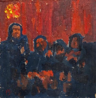 abstract painting of dark figures with red background