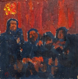 The Gathering - 4248 abstract painting of dark figures with red background