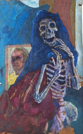 colour painting of skeleton that lived in Max's flat