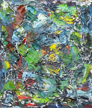 abstract painting with blue green and brown colours
