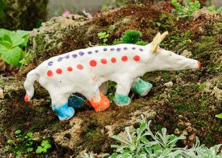 Ant Eater 35188 is one of a large set of glazed ceramic animal sculptures in very vivid colours. Very unusual creations by Max Bullock.