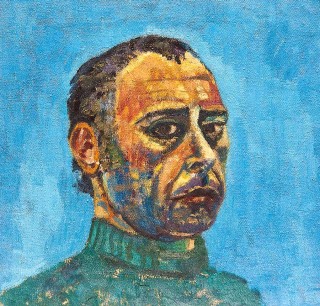 Self portrait in blue of Max Bullock in Green jumper