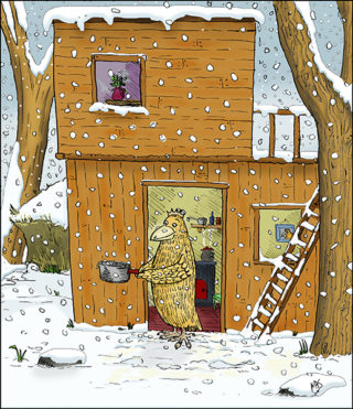 Illustration of a Burd named Feet collecting snow in a pan for drinks