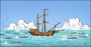 Whales Towing Ship is the image shown in Chapter 13 of "The Burdz of Burdle" written and illustrated by Max Bullock.
