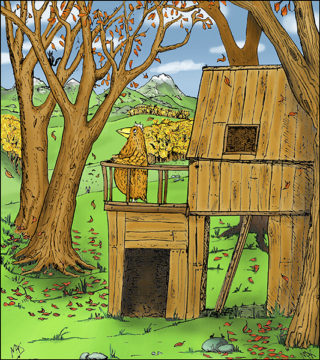 Higginz On His Balcony is shown in Chapter 8 of "The Burdz of Burdle". and also on the front cover. Written and illustrated by Max Bullock.